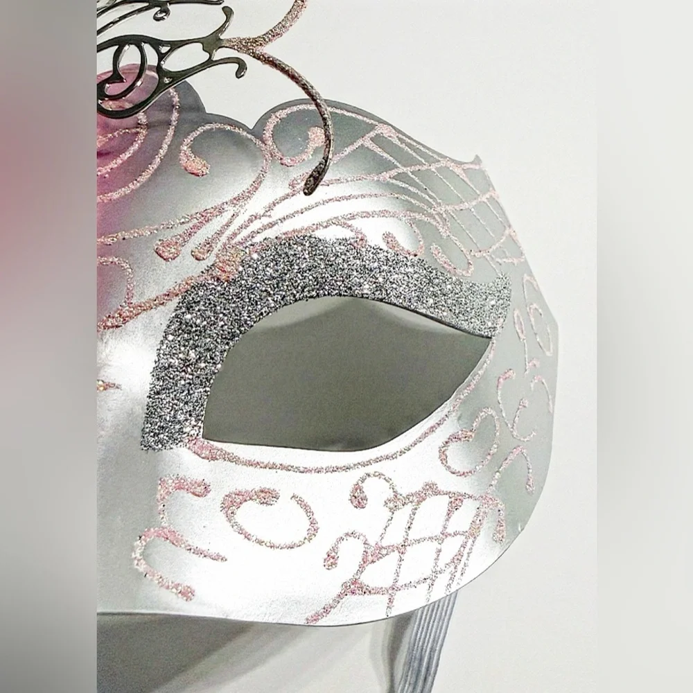 Venetian Masquerade Mask Pink Silver Filigree Rhinestone Mardi Gras